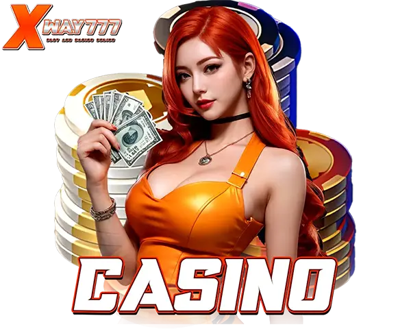 ไอคอน XWAY777 CASINO พรีเซนเตอร์หญิงถือชิปและเหรียญทอง คาสิโนสดออนไลน์